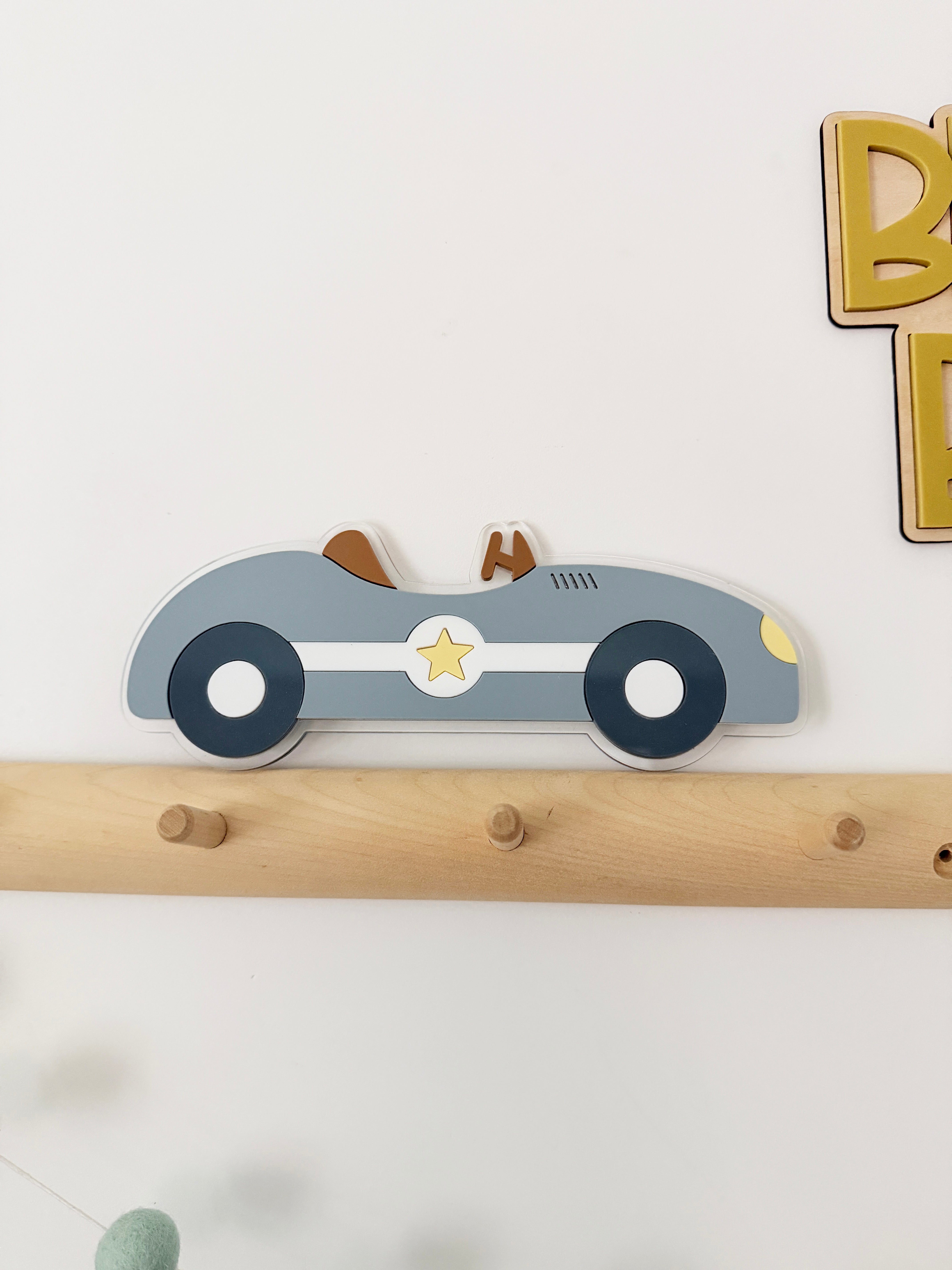 Acrylic vintage race car wall shape sign