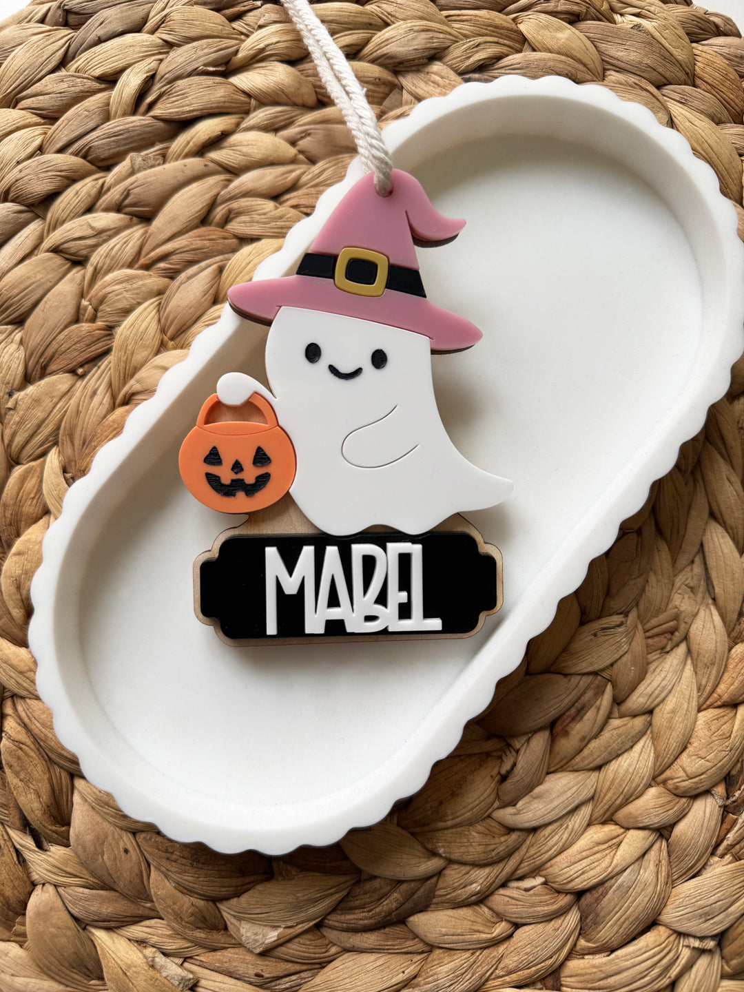Personalised ghost Halloween tag (pink)