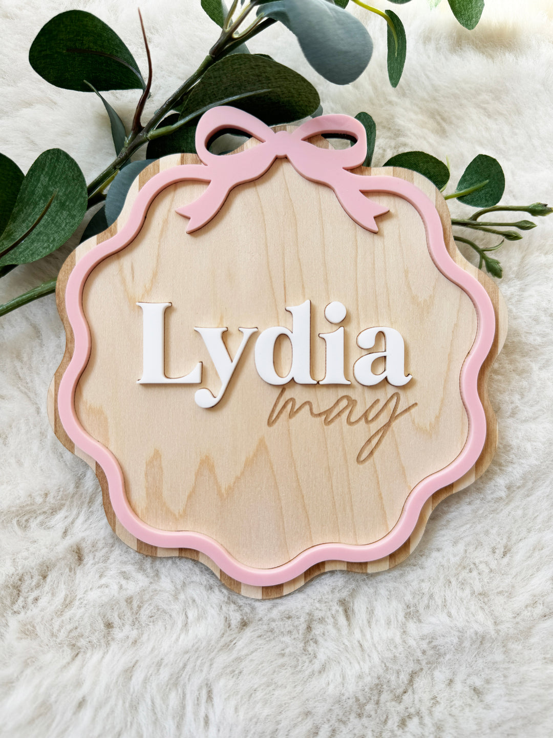 Personalised stripe bow baby name announcement plaque (pink)