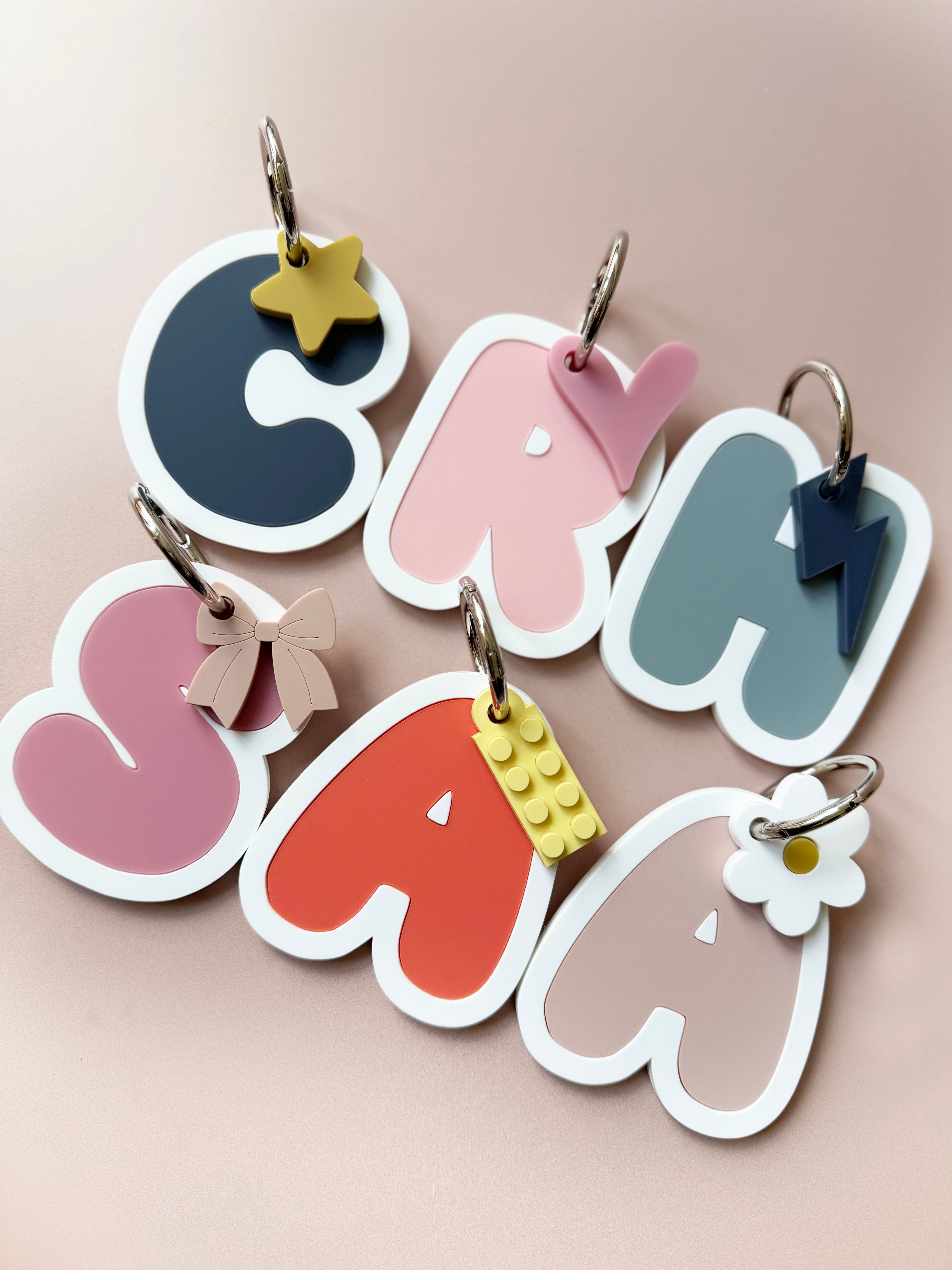 Personalised bubble letter charm bag tag