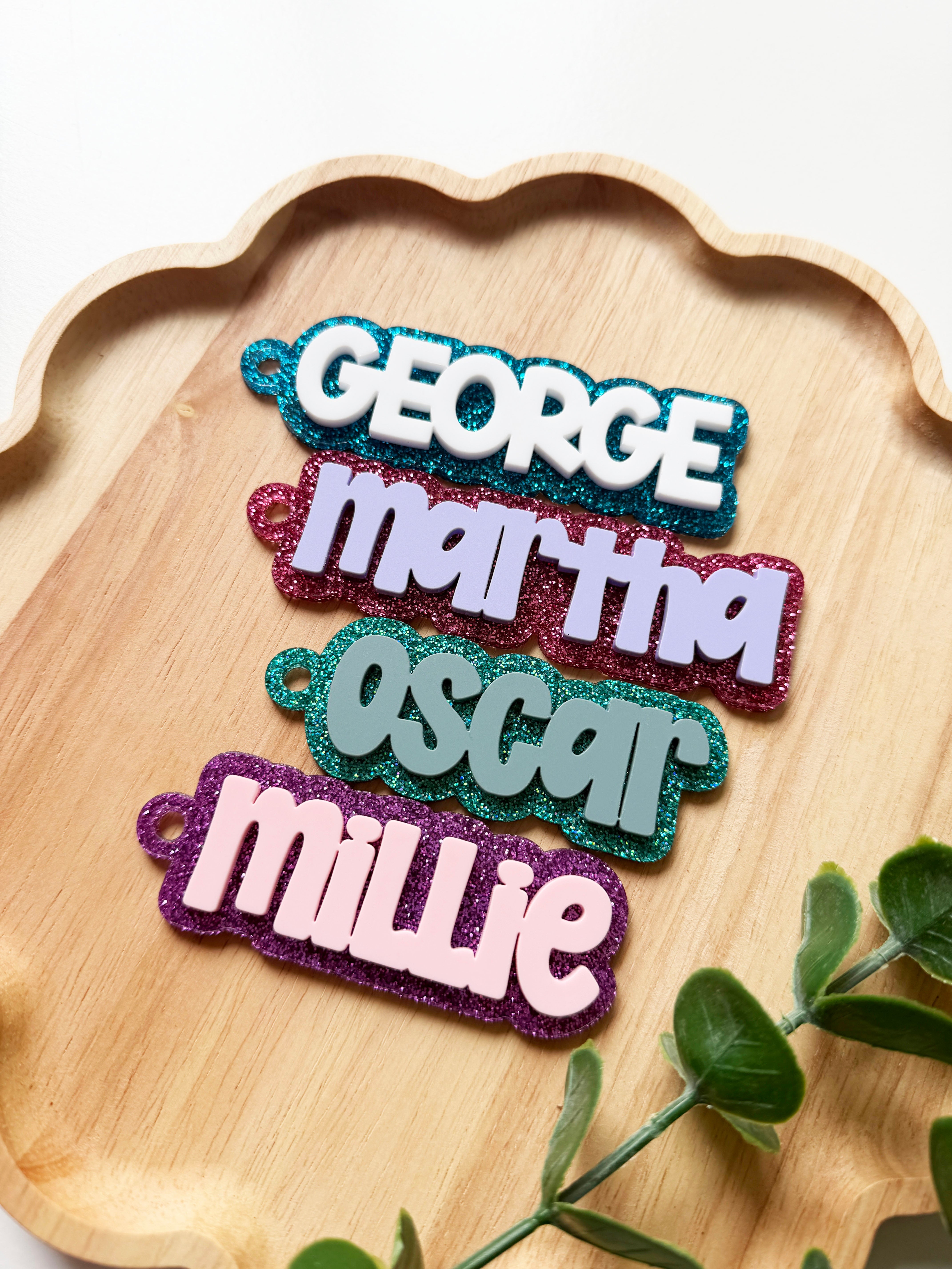 Personalised glitter bag tag