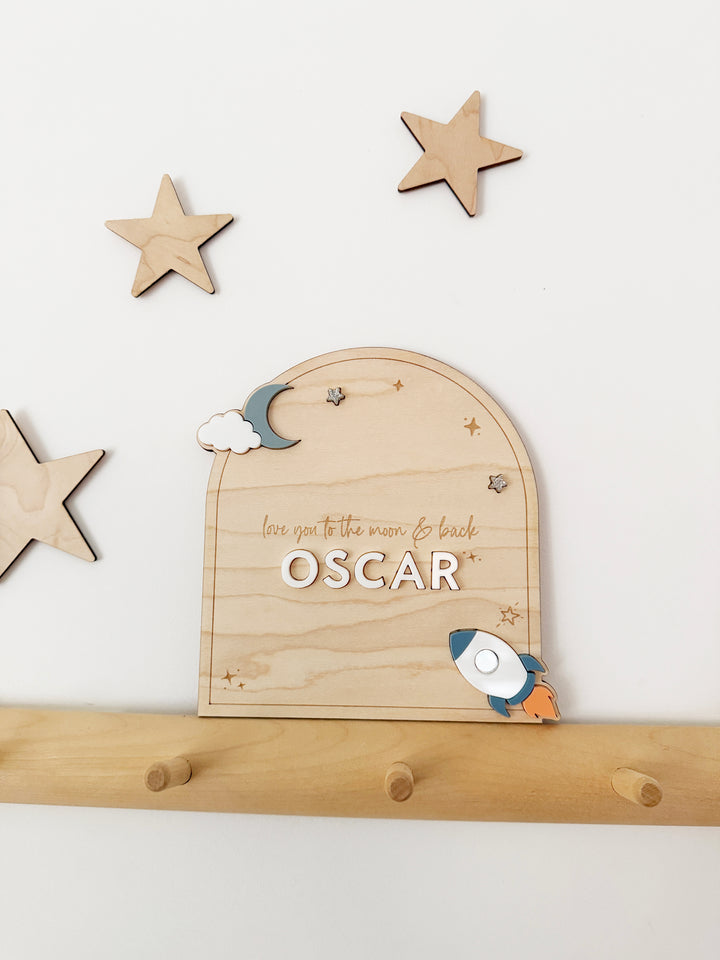 Moon and back personalised rocket name announcement arch