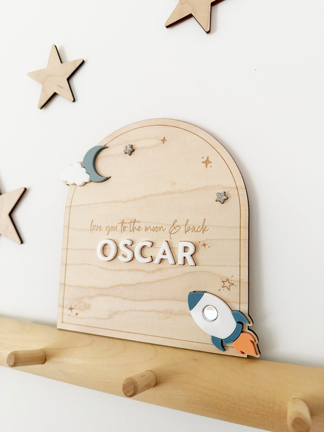 Moon and back personalised rocket name announcement arch