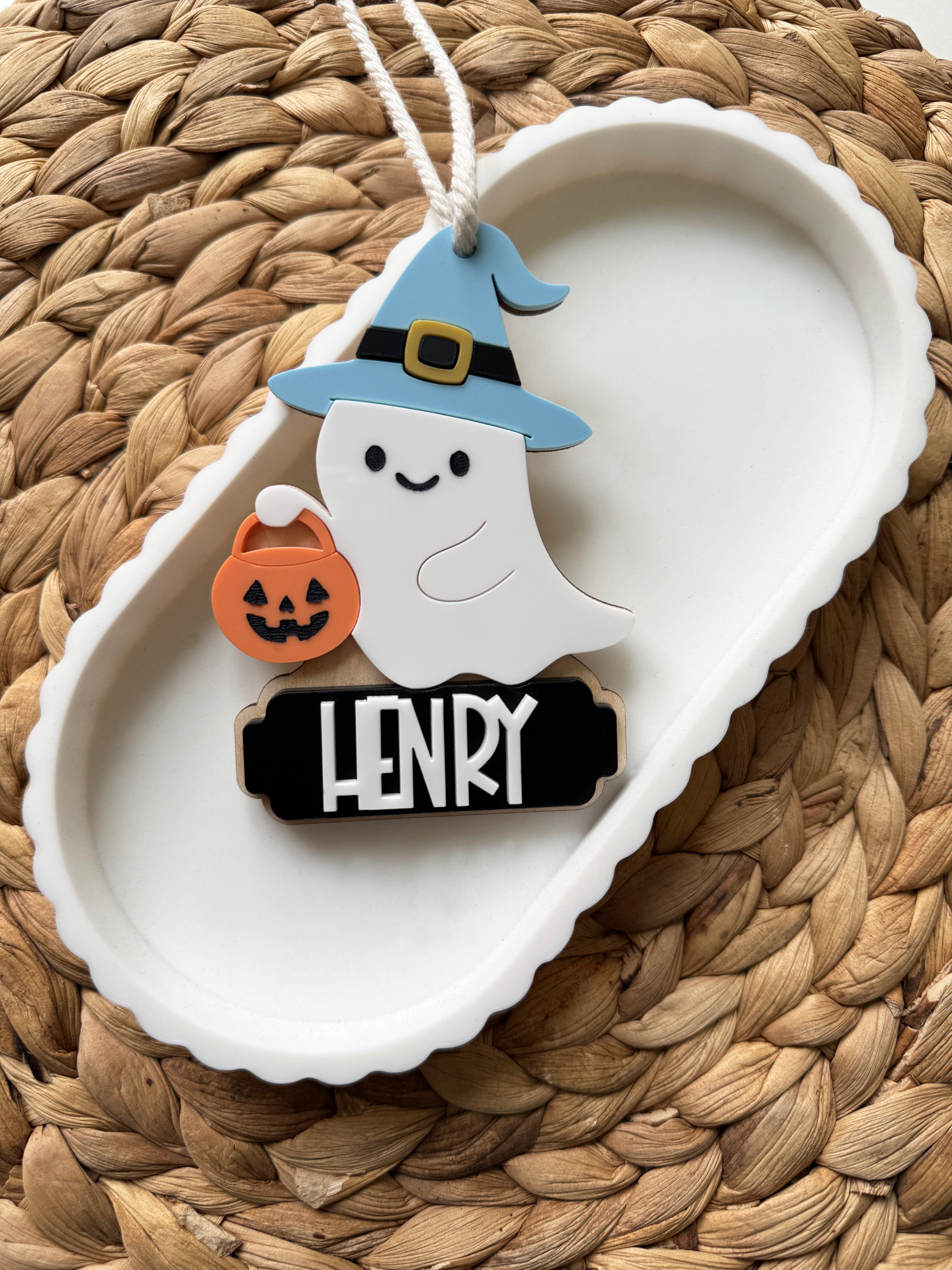 Personalised ghost Halloween tag (blue)