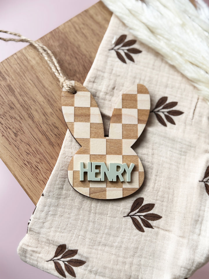 Personalised checkered bunny basket tag
