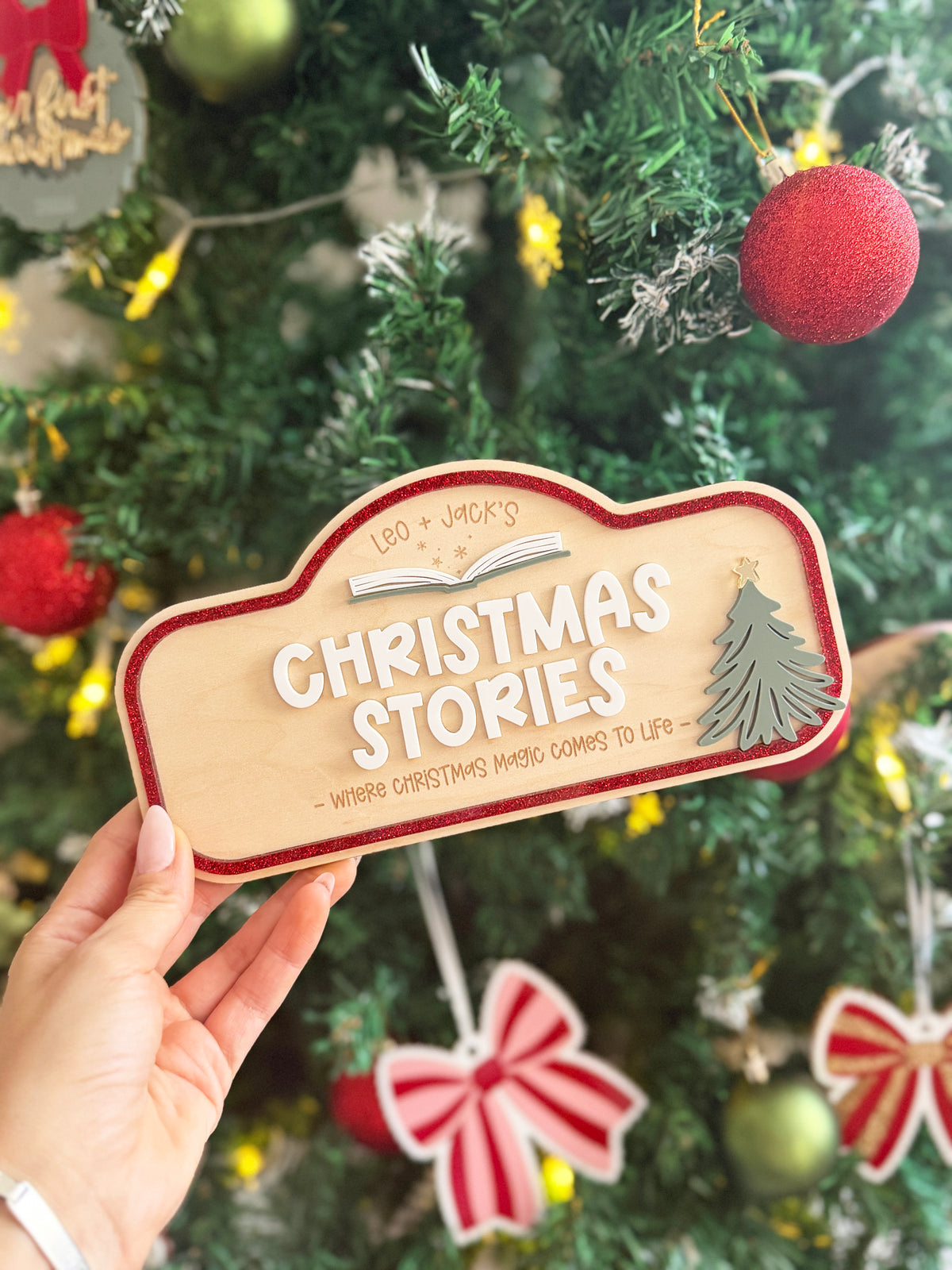 Personalised Christmas stories crate/shelf sign