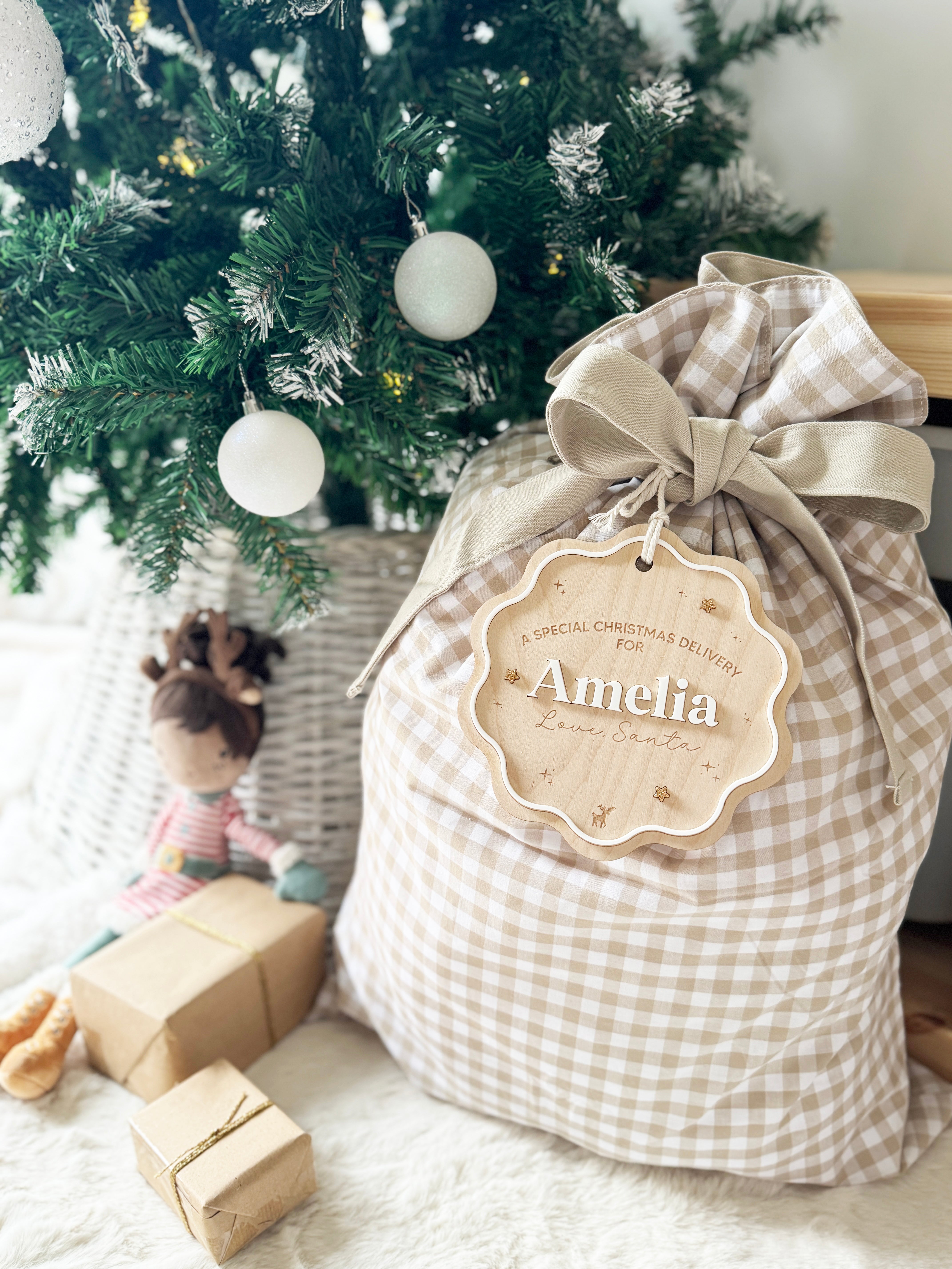 Personalised Gingham Santa Sack & Tag