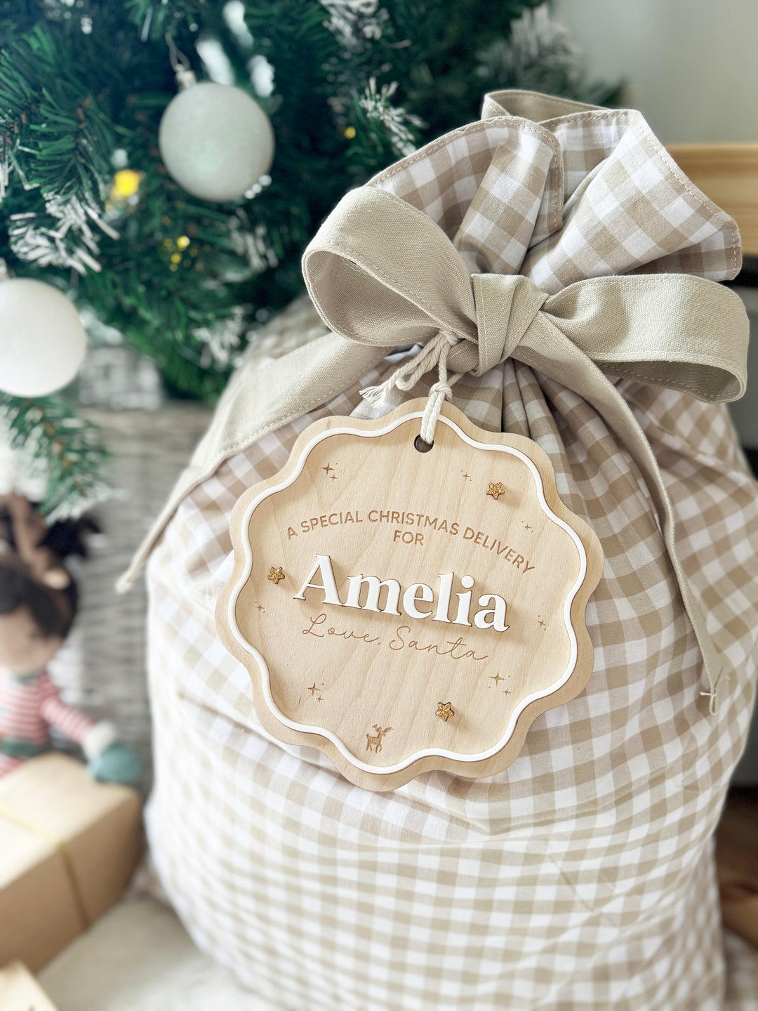 Personalised Gingham Santa Sack & Tag *Limited availability*