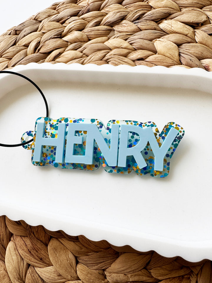 Personalised blue glitter bag tag