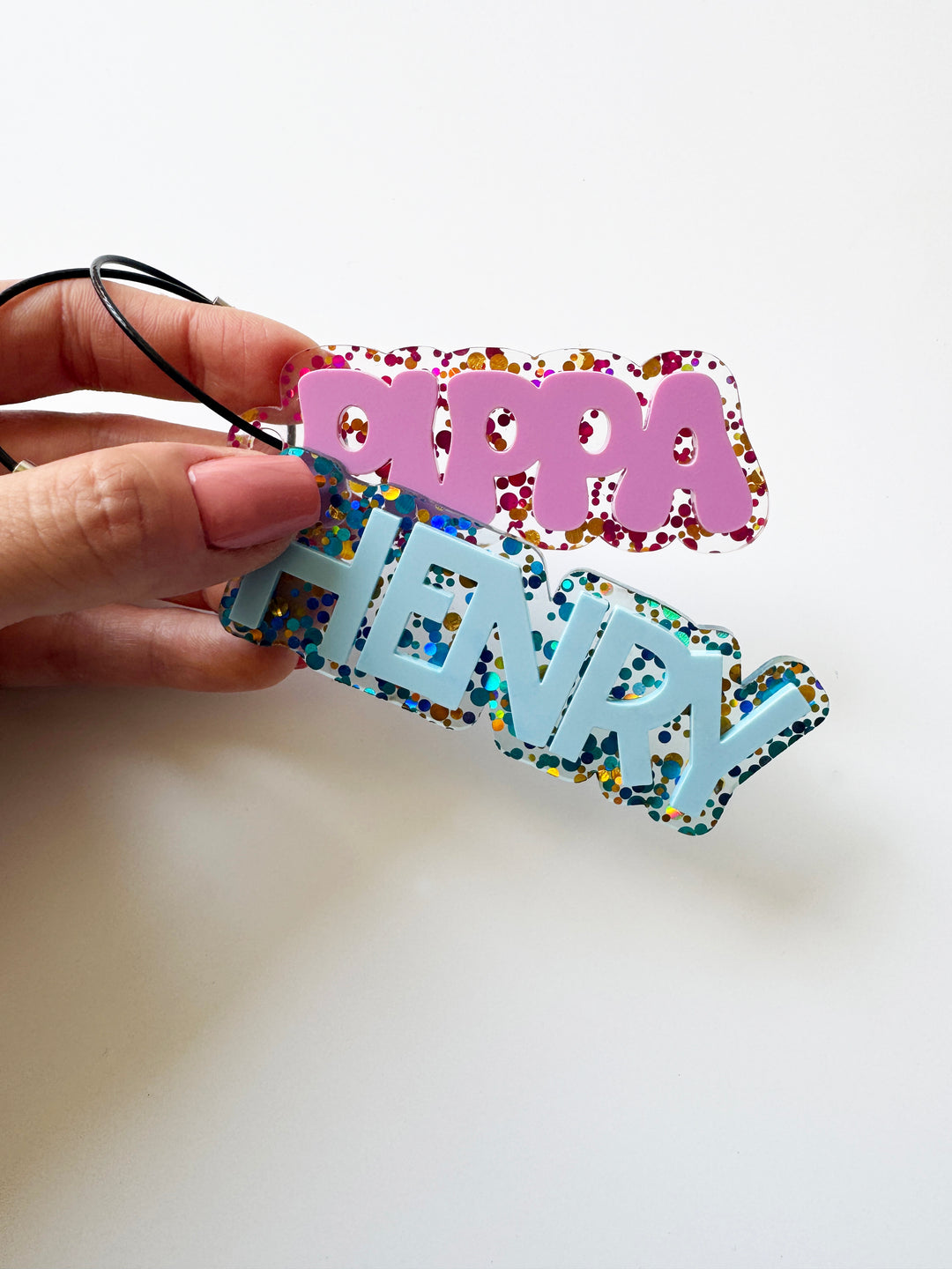 Personalised blue glitter bag tag