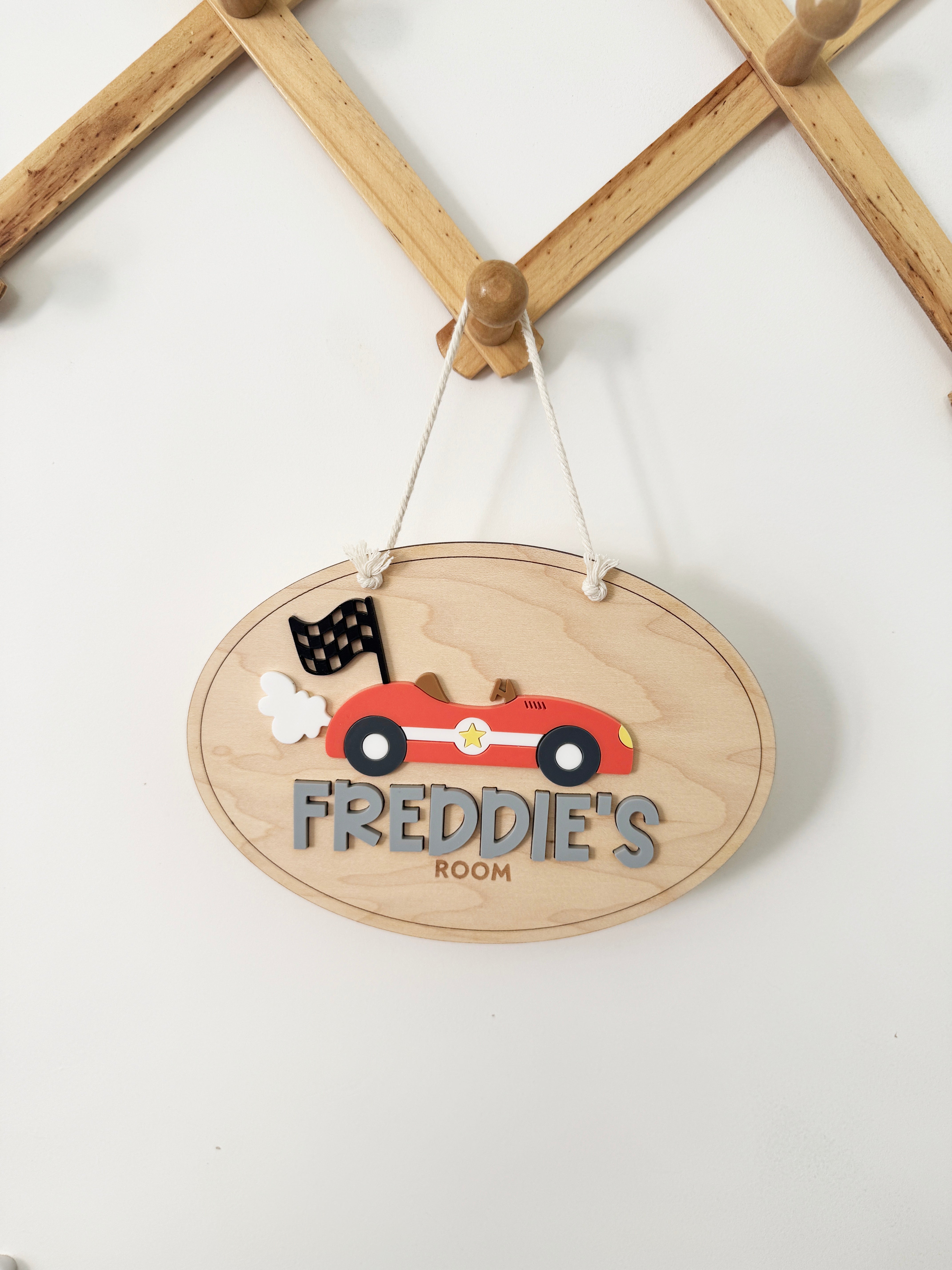 Personalised race car bedroom door sign